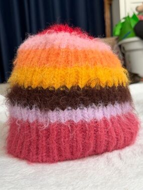 Steve Madden Fuzzy Multicolor Striped Knit Beanie Hat One Size